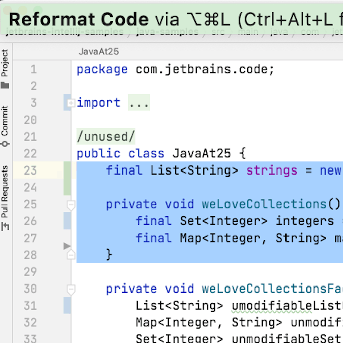 Reformatting a selection of code or class